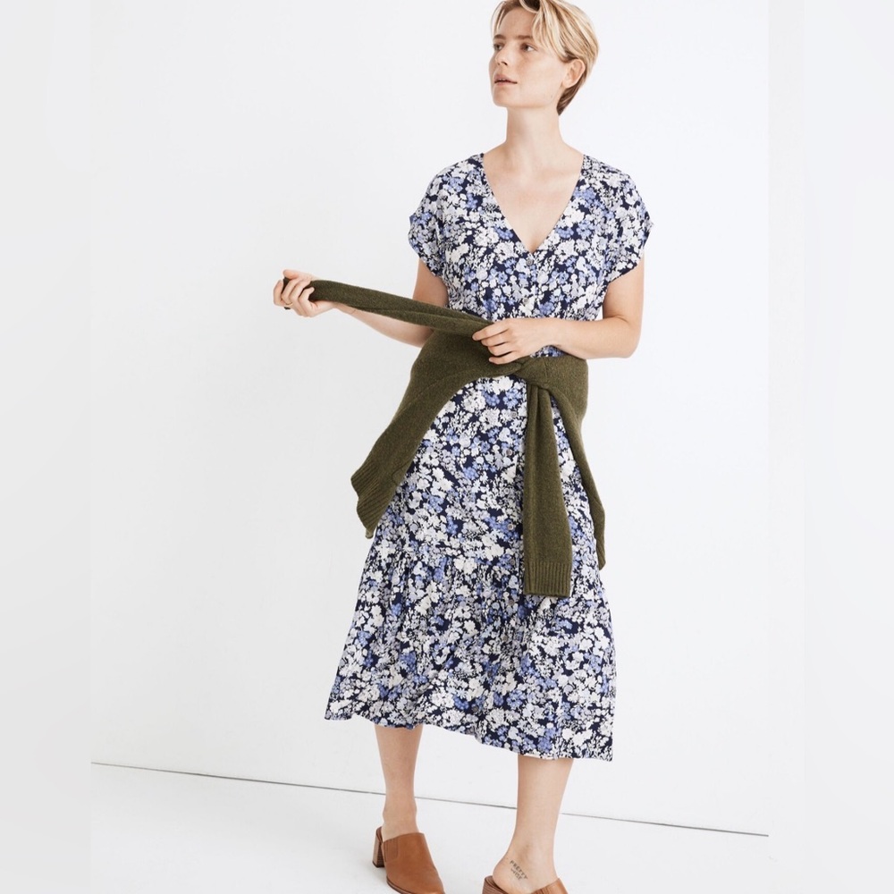 Madewell‎ Button-Front Ruffle-Hem in Floral Garden Midi Dress Large